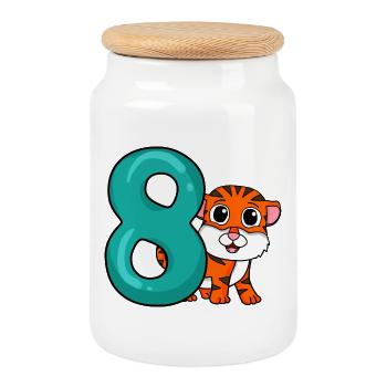 8 Birthday 8 years old with animal motif - eight - Cookie Jar with Wooden Lid - white - Front