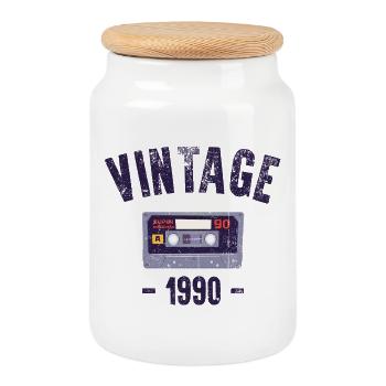 Vintage 1990 Cassette Design - Cookie Jar with Wooden Lid - white - Front