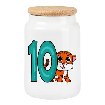 10th Birthday Motif Tiger - ten years - Cookie Jar with Wooden Lid - white - Front