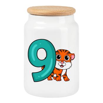 9th Birthday Motif Tiger - Nine Years - Cookie Jar with Wooden Lid - white - Front