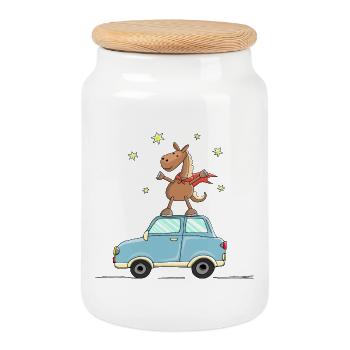 Le cheval vole comme un super-héros sur la voiture - Boîte à biscuits avec couvercle en bois - blanc - Devant