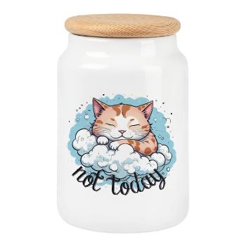Sleeping cat, funny cat humor - Cookie Jar with Wooden Lid - white - Front