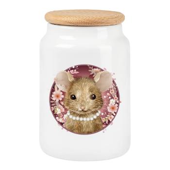 Fille souris avec des perles dans un cadre rose floral - Boîte à biscuits avec couvercle en bois - blanc - Devant