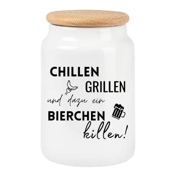 Chillen Grillen Bierchen killen - Keksdose mit Holzdeckel - Weiß - Vorne