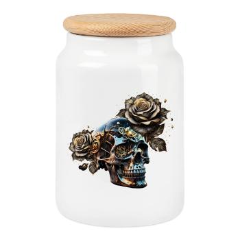 Superbe crâne steampunk sombre avec des roses - Boîte à biscuits avec couvercle en bois - blanc - Devant