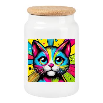 Katze Pop Art - Keksdose mit Holzdeckel - Weiß - Vorne