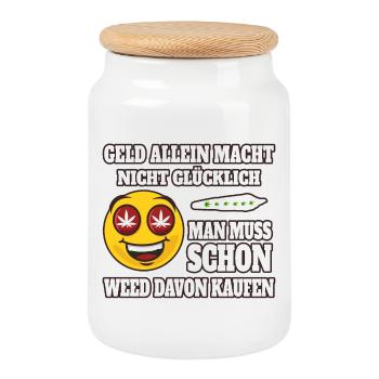 Money alone doesn't make you happy... - Cookie Jar with Wooden Lid - white - Front