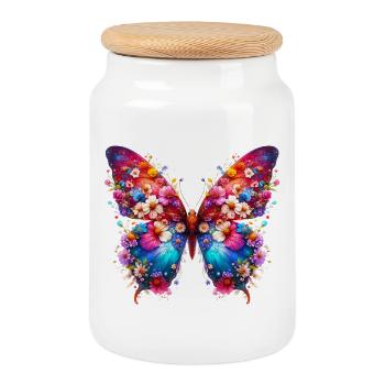 Papillon décoré de fleurs - Boîte à biscuits avec couvercle en bois - blanc - Devant