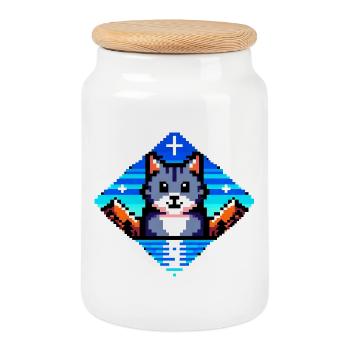 Pixel Cat - Cookie Jar with Wooden Lid - white - Front