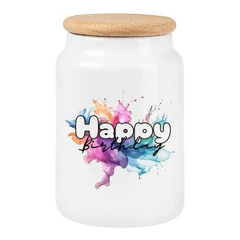 Happy birthday , Congratulations Birthday - Cookie Jar with Wooden Lid - white - Front