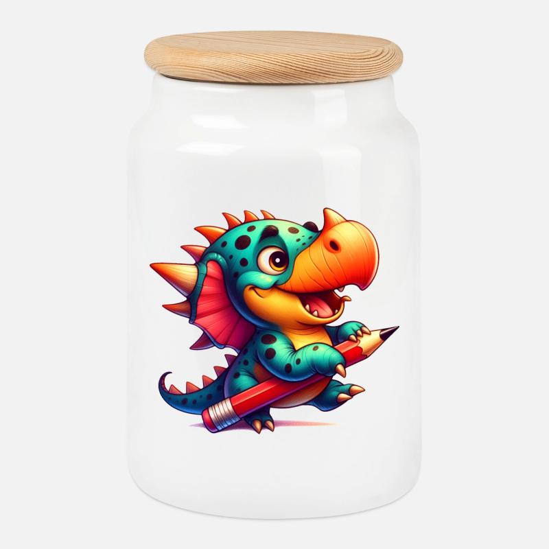 Dino Kawaii avec Crayon Mignon Dinosaure Enfant - Boîte à biscuits avec couvercle en bois - blanc