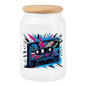 Cassette musicale dans le style rétro des années 80 et 90 - Boîte à biscuits avec couvercle en bois - blanc - Devant