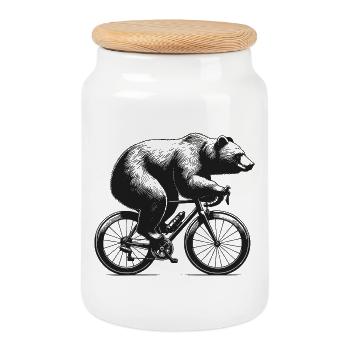 Cycling Bear - Cookie Jar with Wooden Lid - white - Front