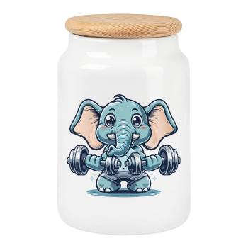 Éléphant de dessin animé mignon faisant de la musculation - Boîte à biscuits avec couvercle en bois - blanc - Devant
