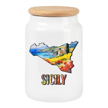 Watercolor Map of Sicily - Cookie Jar with Wooden Lid - white - Front