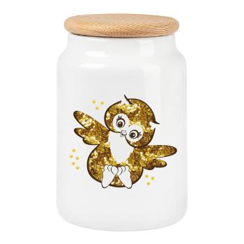 Sparkling Owl Girl Illustration - Cookie Jar with Wooden Lid - white - Front
