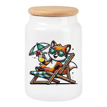 Cheerful cartoon fox on the beach on a lounger - Cookie Jar with Wooden Lid - white - Front