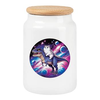 Cosmos Animal Rider: Cat on Dino - Cookie Jar with Wooden Lid - white - Front