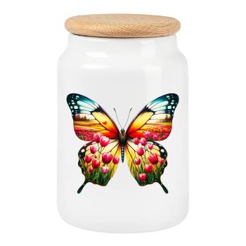 Tulipe papillon tulipe Hollande - Boîte à biscuits avec couvercle en bois - blanc - Devant
