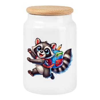 Start of school with raccoon: raccoon for school beginners - Cookie Jar with Wooden Lid - white - Front