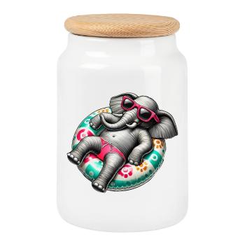 A relaxed elephant on a swimming ring - Cookie Jar with Wooden Lid - white - Front