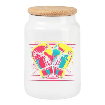 Boxing Gloves Comic Look - Cookie Jar with Wooden Lid - white - Front