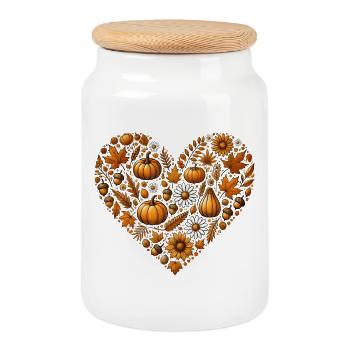 Heart, filled with pumpkins, leaves, nuts and flowers - Cookie Jar with Wooden Lid - white - Front