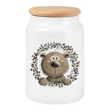 Droll Brown Bear Leaf Wreath Wild Animal Comic - Cookie Jar with Wooden Lid - white - Front
