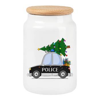 Polizeiauto Police Weihnachten schwarz - Keksdose mit Holzdeckel - Weiß - Vorne