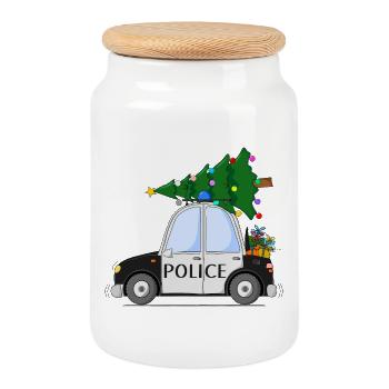Polizeiauto Police Weihnachten schwarz weiß - Keksdose mit Holzdeckel - Weiß - Vorne