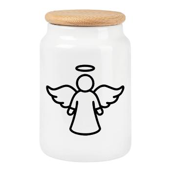 Angel Line Art – Guardian Angel Symbol Minimalist - Cookie Jar with Wooden Lid - white - Front