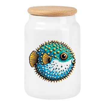 Kugelfisch - Keksdose mit Holzdeckel - Weiß - Vorne