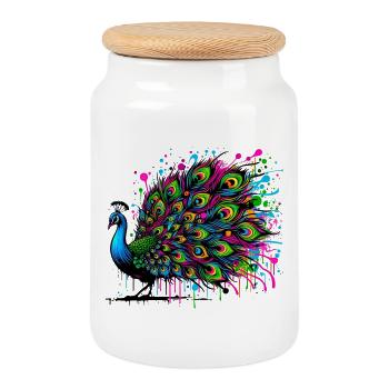 Peacock - Cookie Jar with Wooden Lid - white - Front