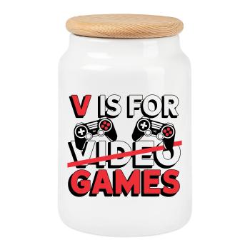 V is for Video Games Graphic - Cookie Jar with Wooden Lid - white - Front