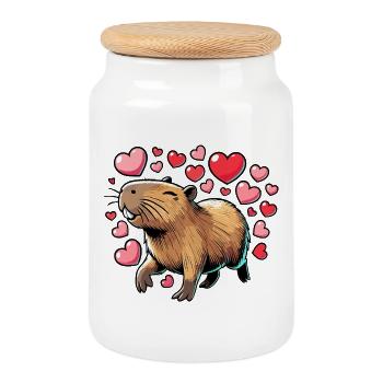 Capybara Love – Cute and Charming Design - Cookie Jar with Wooden Lid - white - Front