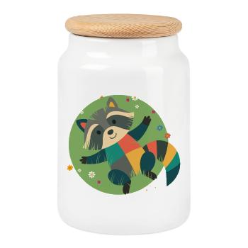 Lying raccoon in the grass - Playful children's motif - Cookie Jar with Wooden Lid - white - Front