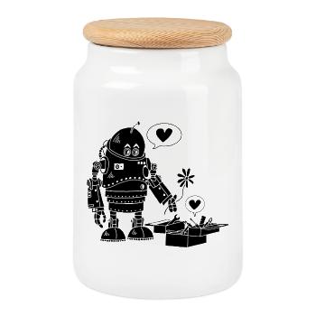 Robot Lovers (Black) - Cookie Jar with Wooden Lid - white - Front