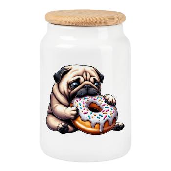 Cute Pug with Donut Cartoon Funny Snacking - Cookie Jar with Wooden Lid - white - Front