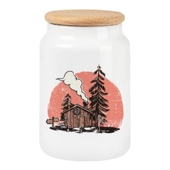 Cozy Forest Cabin Illustration - Cookie Jar with Wooden Lid - white - Front