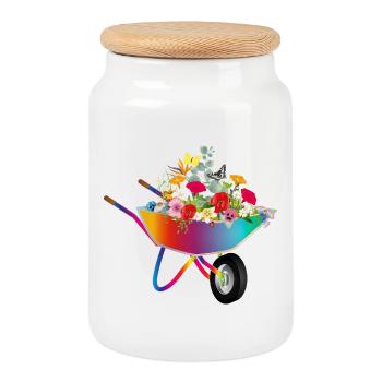 Colorful wheelbarrow with flowers - Cookie Jar with Wooden Lid - white - Front