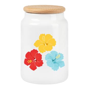 Hibiscus Trio – Des couleurs vives avec des contours - Boîte à biscuits avec couvercle en bois - blanc - Devant