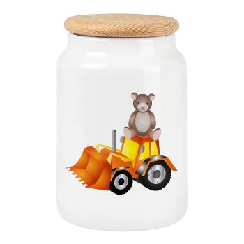 Ours en peluche sur une pelle – doux et fort à la fois - Boîte à biscuits avec couvercle en bois - blanc - Devant
