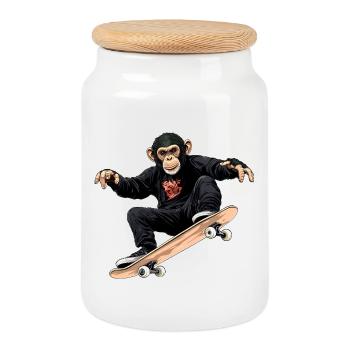Affen Skater / Skateboard Affe - Keksdose mit Holzdeckel - Weiß - Vorne