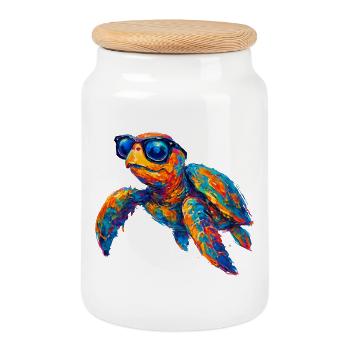 Colorful turtle with sunglasses - Cookie Jar with Wooden Lid - white - Front