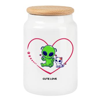 Alien mignon avec motif de cœur de chat - Boîte à biscuits avec couvercle en bois - blanc - Devant