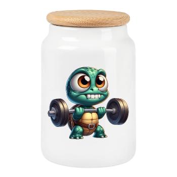 Cool Turtle Dumbbell Weightlifter Cartoon - Cookie Jar with Wooden Lid - white - Front