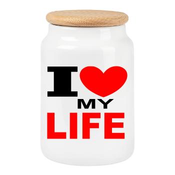 i_love_my_life - Cookie Jar with Wooden Lid - white - Front