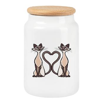 Dual Cat Heart Print for Unique Clothing - Cookie Jar with Wooden Lid - white - Front