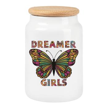Papillon rêveur et inscription inspirante - Boîte à biscuits avec couvercle en bois - blanc - Devant