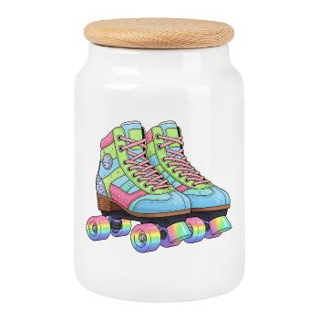 Rollschuhe Retro Regenbogen 80er 90er - Keksdose mit Holzdeckel - Weiß - Vorne